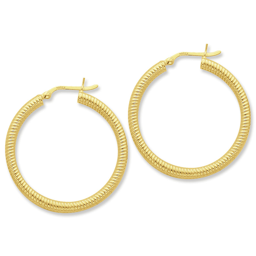 Sterling Silver Gold-flashed Ribbed 35mm Hoop Earrings
