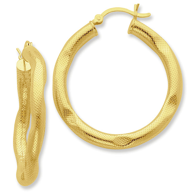 Sterling Silver Gold-flashed Patterned Dented 35mm Hoop Earrings