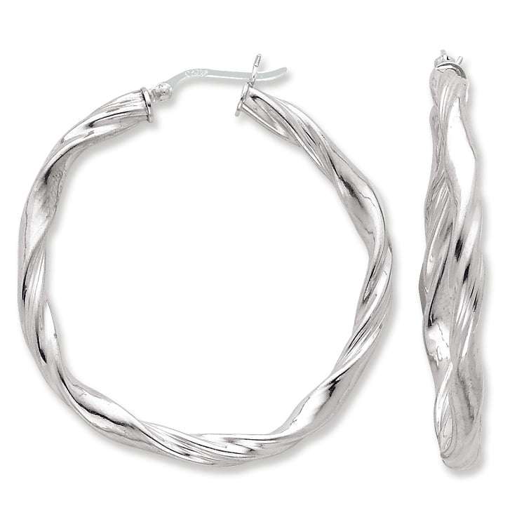 Sterling Silver Rhodium Plated 45mm Twist Hoop Earrings