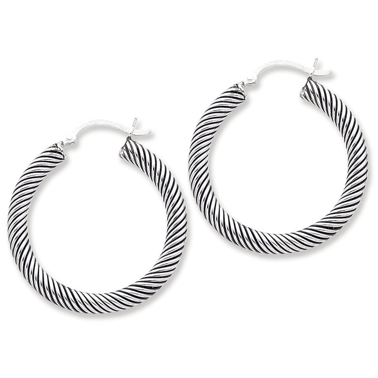 Sterling Silver Antiqued Open Twist Hoop Earrings
