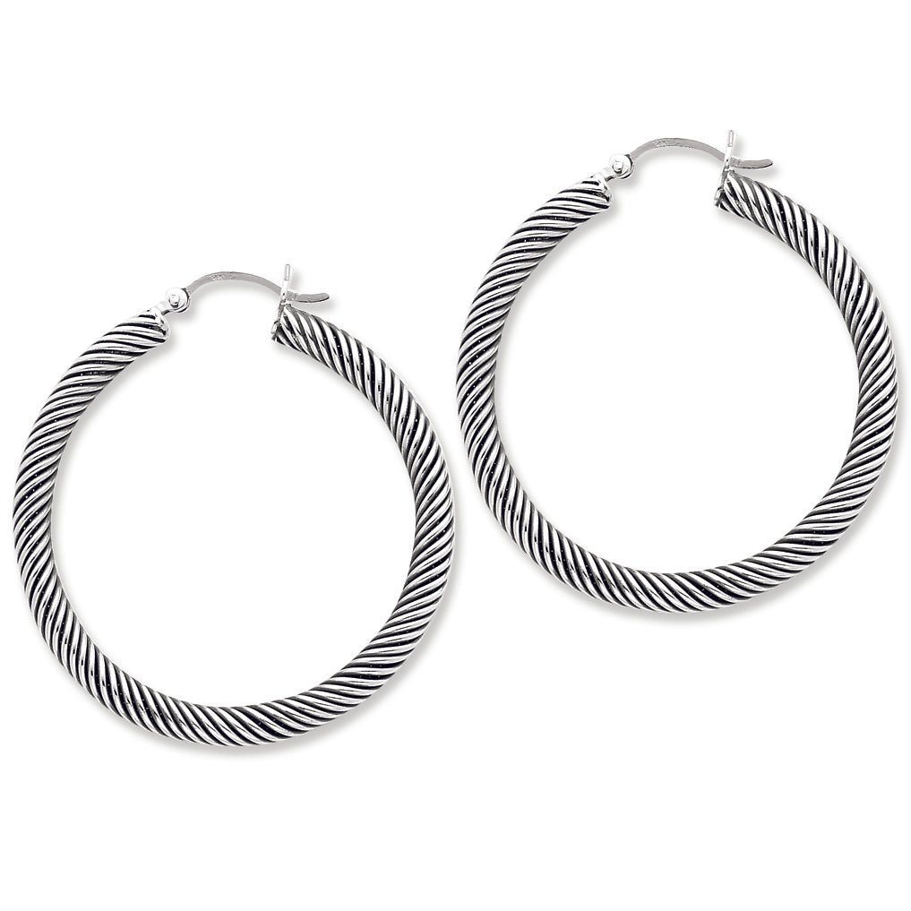 Sterling Silver Antiqued Open Twist Hoop Earrings