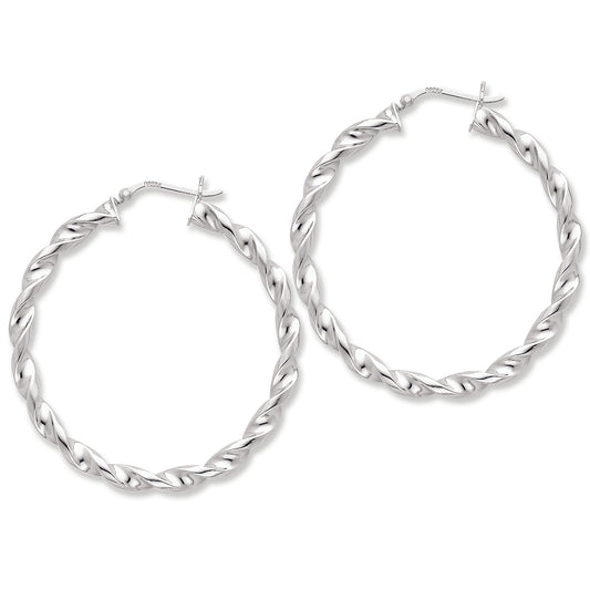 Sterling Silver Rhodium Plated Twist 45mm Hoop Earrings