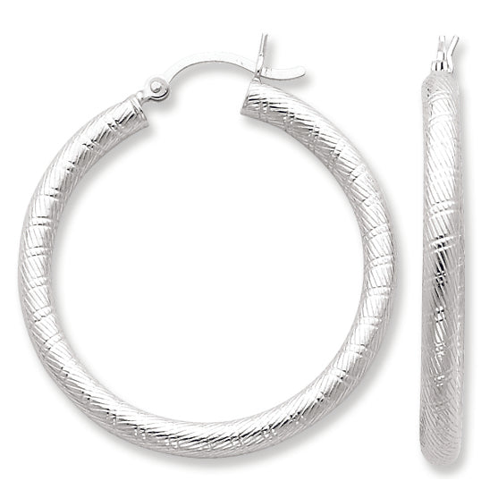 Sterling Silver Rhodium Plated Patterned Twist 35mm Hoop Earrings