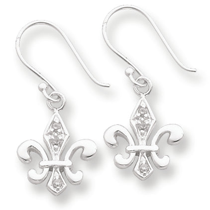 Sterling Silver White CZ Accented Fleur de Lis Dangle Earrings