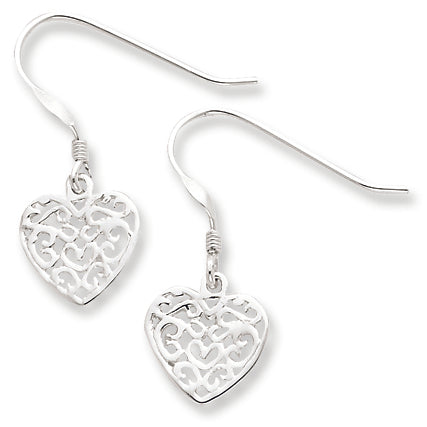 Sterling Silver Polished Filigree Heart Dangle Earrings