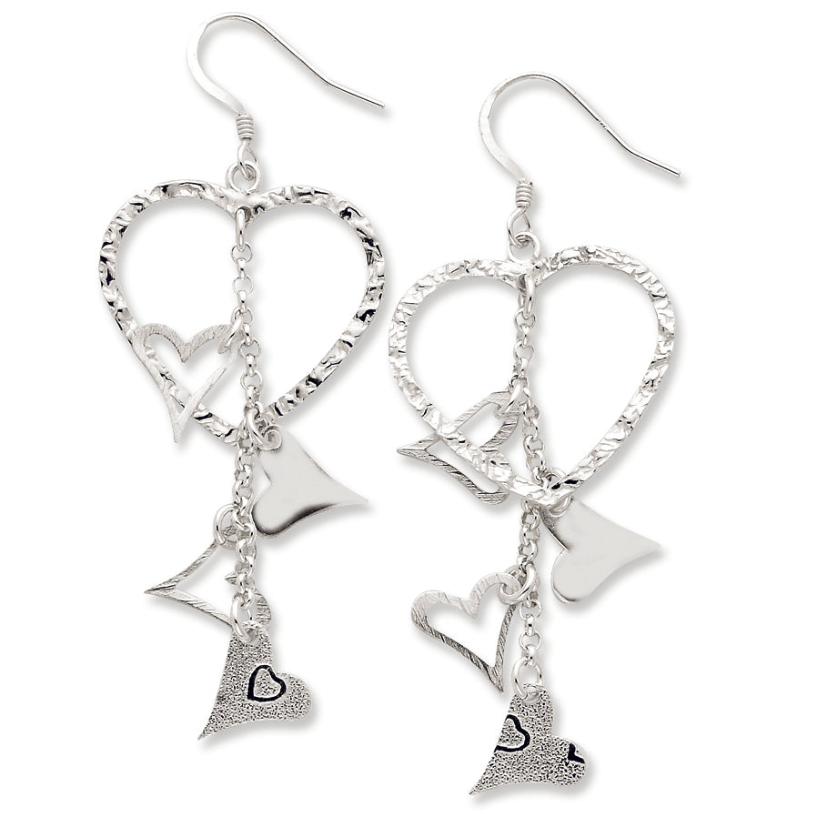 Sterling Silver Polished & Textured Fancy Heart Dangle Earrings
