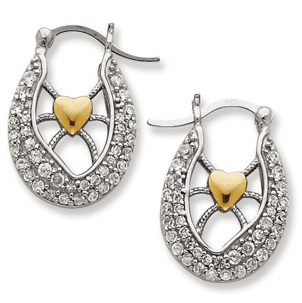 Sterling Silver & Vermeil Heart CZ Oval Hoop Earrings