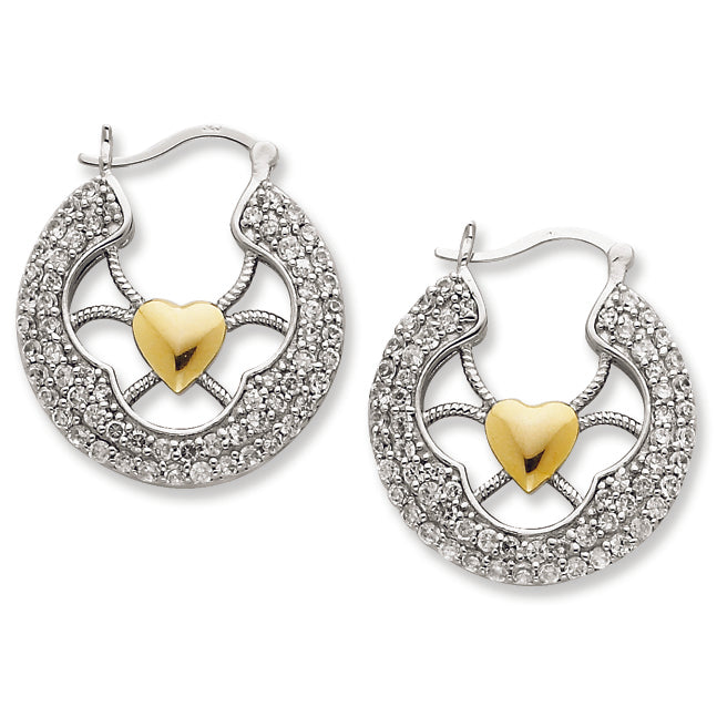 Sterling Silver & Vermeil Heart CZ Round Hoop Earrings