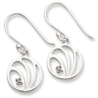 Sterling Silver Polished Round w-CZ Accent Dangle Earrings