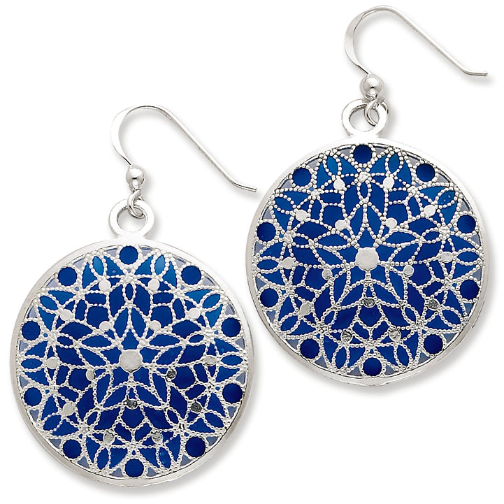 Sterling Silver Blue Enameled & Polished Fancy Circle Earrings