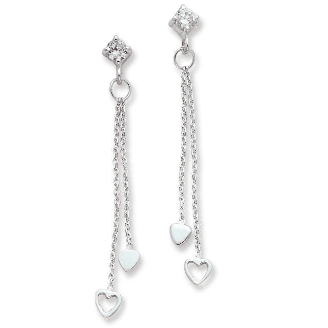 Sterling Silver & CZ Fancy Polished Heart Dangle Post Earrings