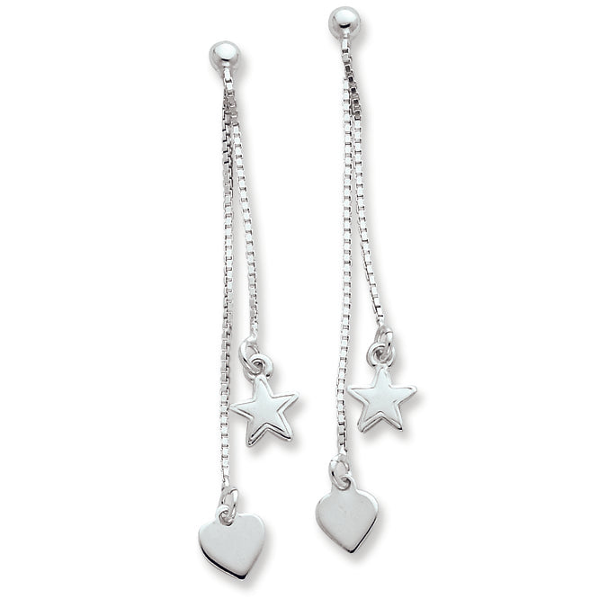 Sterling Silver Polished Hearts & Stars Dangle Post Earrings