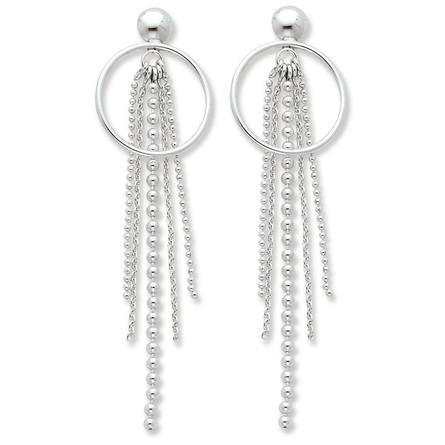 Sterling Silver Circle w-Bead & Chain Dangle Post Earrings