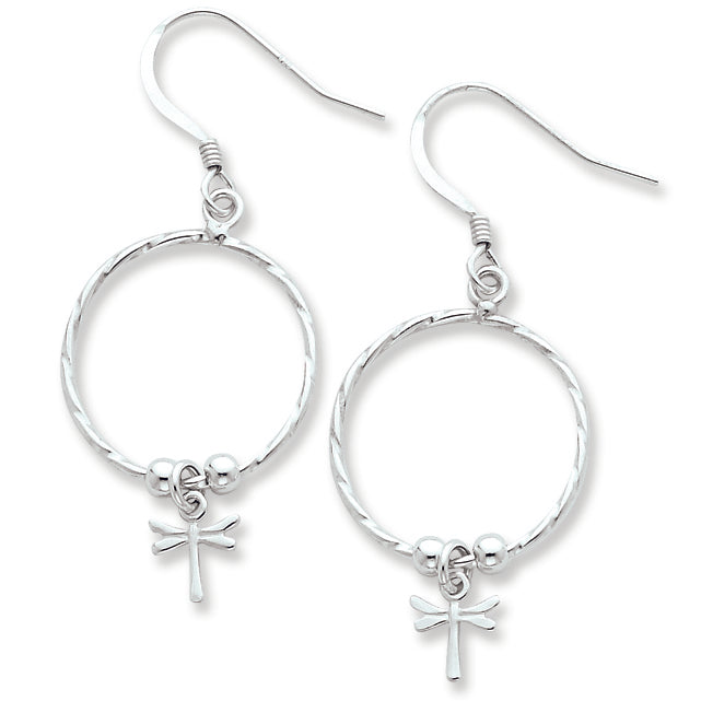 Sterling Silver Polished Circle & Dragonfly Dangle Earrings
