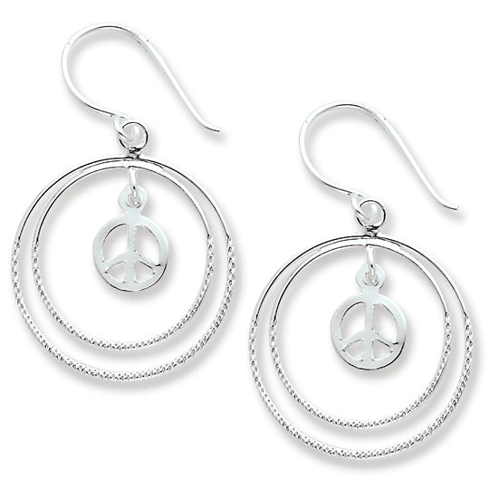 Sterling Silver Double Circles w- Small Peace Symbol Dangle Earrings