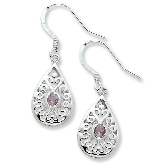 Sterling Silver & Amethyst Polished Fancy Filigree Dangle Earrings