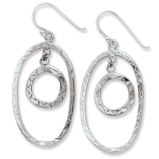 Sterling Silver Polished & Textured Circle & Oval Dangle Earrings