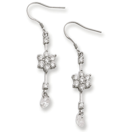 Sterling Silver CZ Flower Dangle Earrings