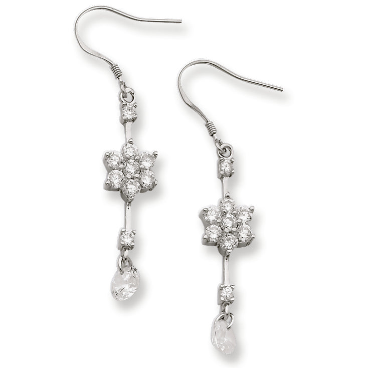 Sterling Silver CZ Flower Dangle Earrings