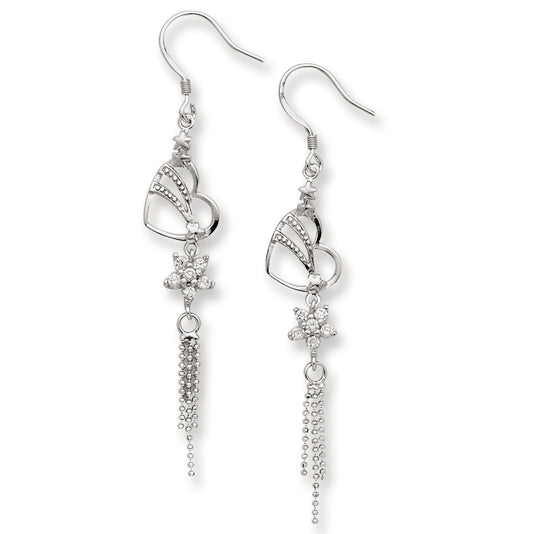 Sterling Silver CZ Heart & Flower Dangle Earrings
