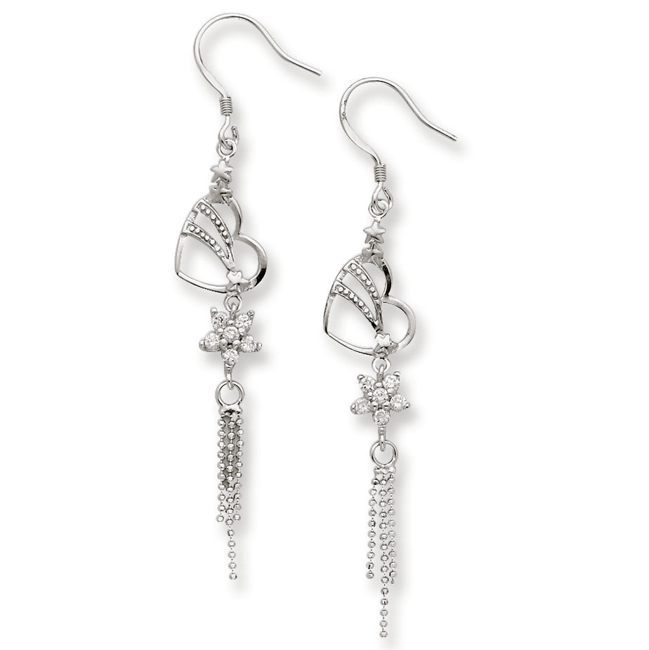 Sterling Silver CZ Heart & Flower Dangle Earrings