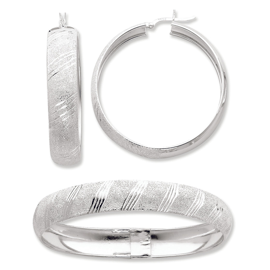 Sterling Silver Satin & Polished Bangle and 45mm Earring Set