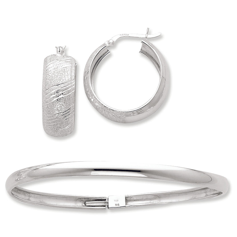 Sterling Silver Satin & Polished Bangle and 25mm Earring Set