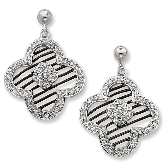 Sterling Silver CZ Flower w- Black Rhodium Plating Post Dangle Earrings