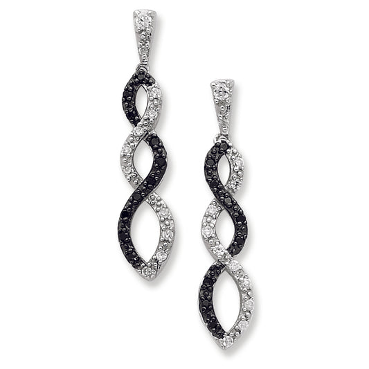 Sterling Silver and Black Rhodium w-Black and White CZ Twisted Post Earring