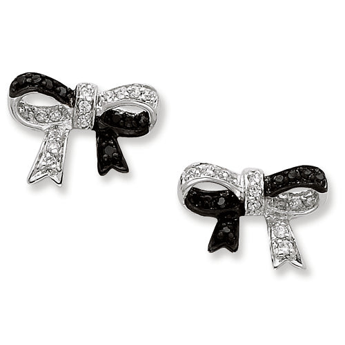 Sterling Silver and Black Plating w- Black and White CZ Bow Post Earrings