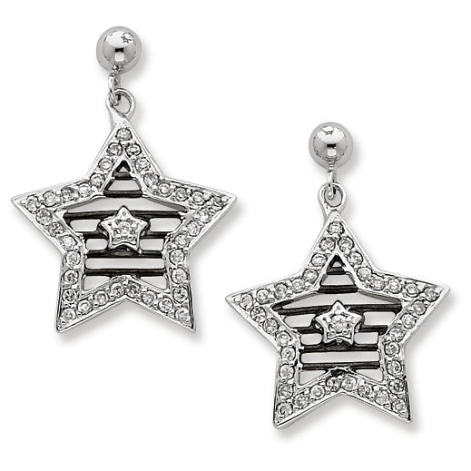 Sterling Silver CZ Star w- Black Rhodium Plating Post Dangle Earrings