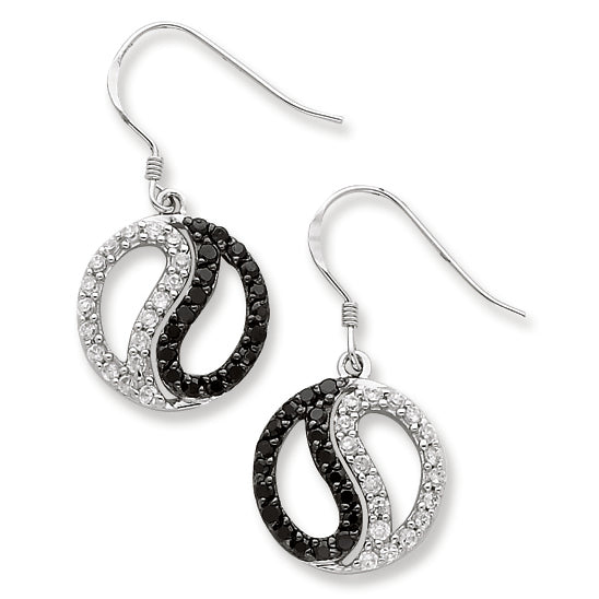 Sterling Silver Black & White CZ Yin Yang Dangle Earrings