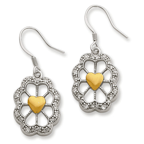 Sterling Silver & Vermeil Oval Floral Heart CZ Earrings
