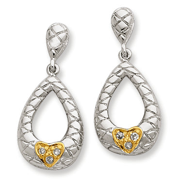 Sterling Silver Cross-Cut Design w- Gold-Plated Heart & CZ Teardrop Post Da