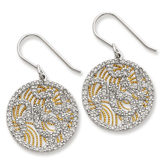 Sterling Silver and Gold-Plated CZ Swirls Circle Dangle Earrings
