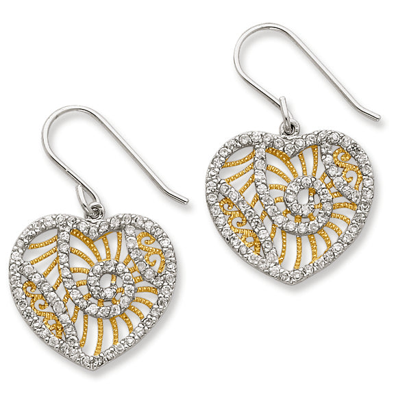 Sterling Silver and Gold-Plated Line w- CZ Swirls Heart Dangle Earrings