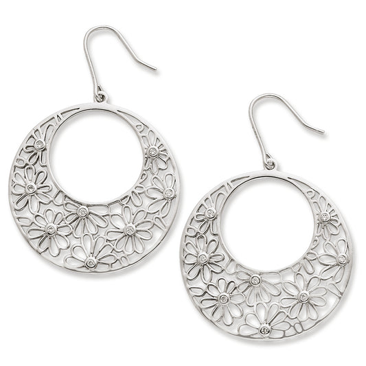Sterling Silver Cut out Flowers and CZ Circle Dangle Earrings