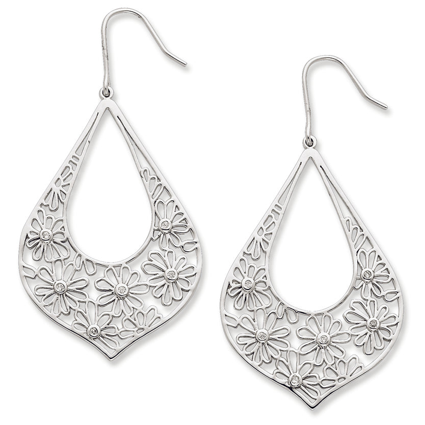 Sterling Silver Flowers w- CZ Teardrop Dangle Earrings