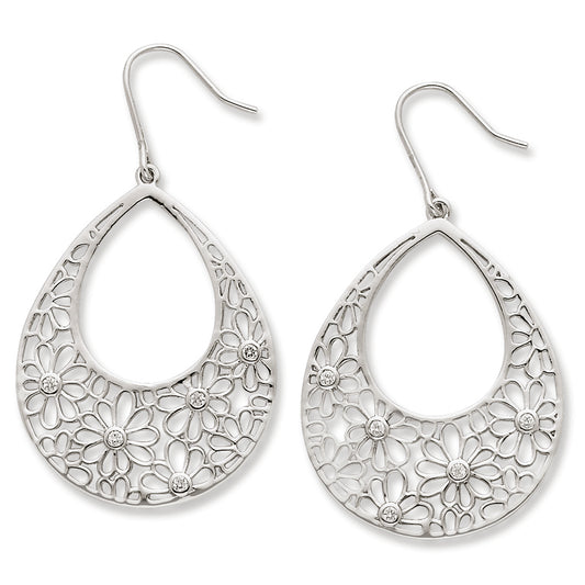 Sterling Silver Flower Cut Out w- CZ Teardrop Dangle Earrings