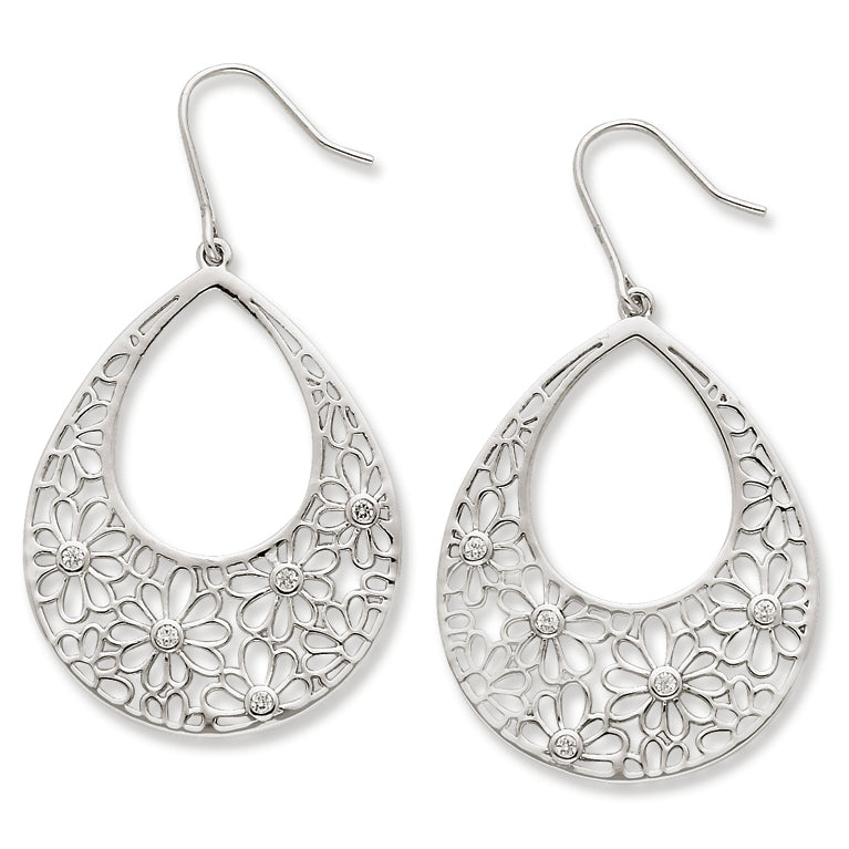 Sterling Silver Flower Cut Out w- CZ Teardrop Dangle Earrings