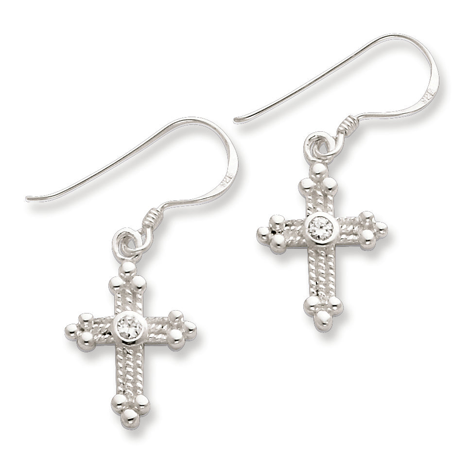 Sterling Silver & CZ Polished Cross Dangle Earrings