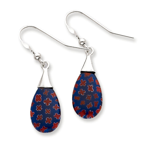 Sterling Silver Blue & Red Glass Polished Teardrop Dangle Earrings
