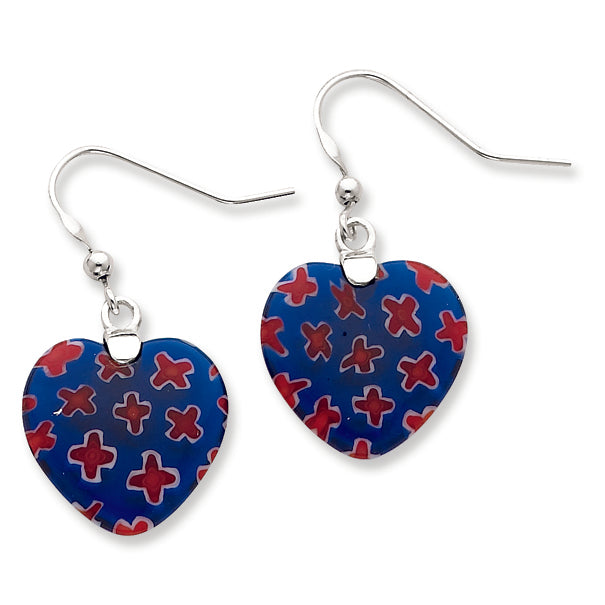 Sterling Silver Blue & Red Glass Polished Heart Dangle Earrings