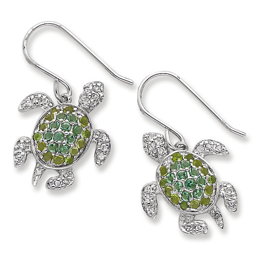 Sterling Silver Clear, Green and Blue CZ Turtle Dangle Earrings