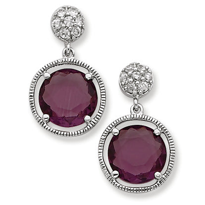 Sterling Silver CZ Circle w- Hanging Purple CZ Circle Dangle Earrings