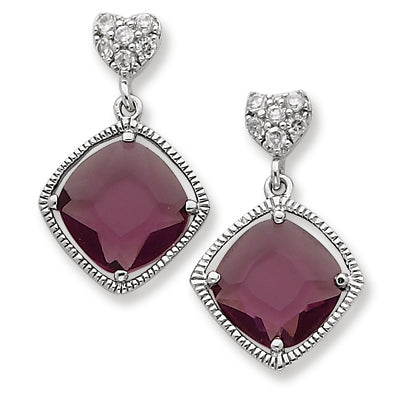 Sterling Silver CZ Heart w- Purple Square CZ Dangle Earrings