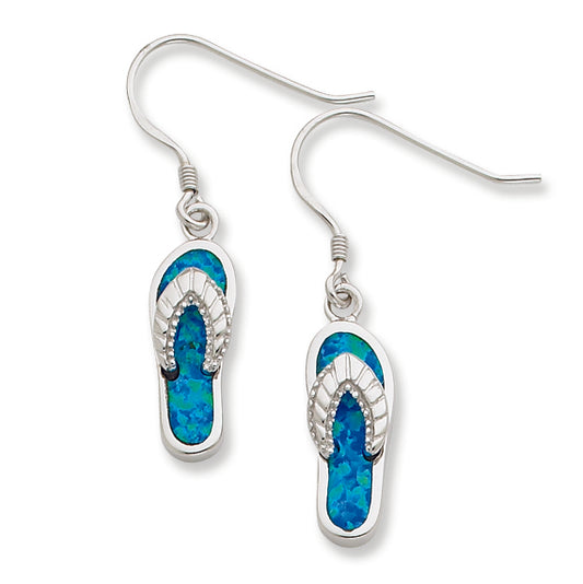 Sterling Silver Created Blue Inlay Opal Sandal Dangle Earrings