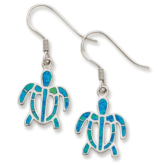 Sterling Silver Created Blue Opal Inlay Tortoise Dangle Earrings