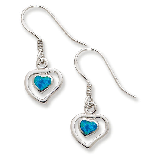 Sterling Silver Created Blue Opal Inlay Center Heart Dangle Earings