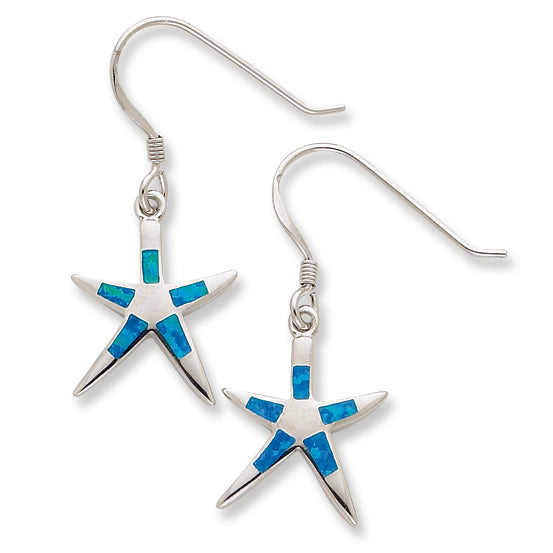 Sterling Silver Created Blue Opal Inlay Flat Starfish Dangle Earrings
